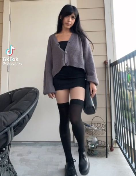 Thigh Socks Outfit Aesthetic, Outfits With Fleece Tights, Outfits With Thigh Highs, Knee High Stockings Outfit, Knee High Socks Outfit Aesthetic, Ulta Outfits, Goth Date Outfit, Dark Feminine Outfits Casual, Feminine Grunge Outfits