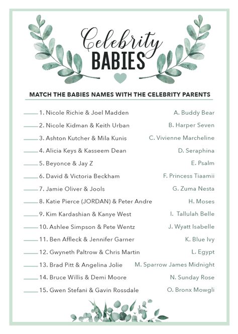 celebrity baby name baby shower game Baby Shower Quiz Game, Baby Shower Gamea, Quick Baby Shower Games, Celebrity Baby Shower, Celebrity Baby Showers, Baby Quiz, Baby Shower Quiz, Virtual Baby Shower Games, Baby Name Game