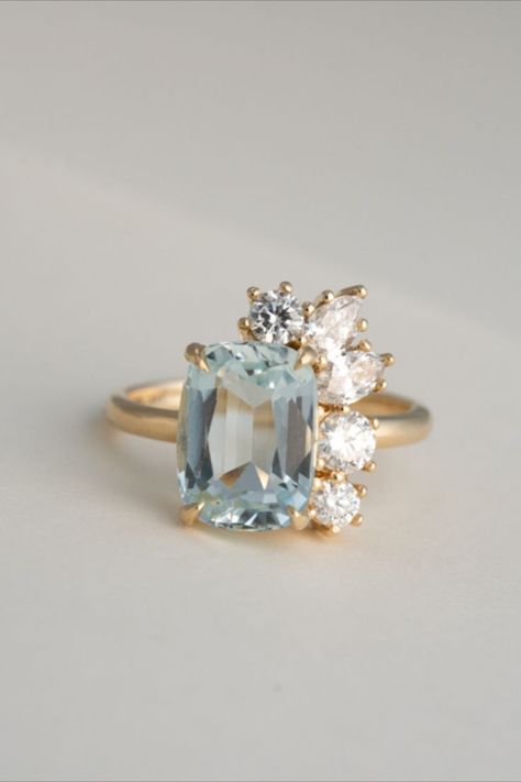 aquamarine engagement ring Unique Engagement Rings Colored Stone, Gem Stone Engagement Rings, Unique Engagement Rings Silver, Coloured Engagement Rings, Asymmetrical Engagement Ring, Engagement Ring Blue Stone, Ring Redesign, Big Diamond Engagement Rings, Heirloom Ring