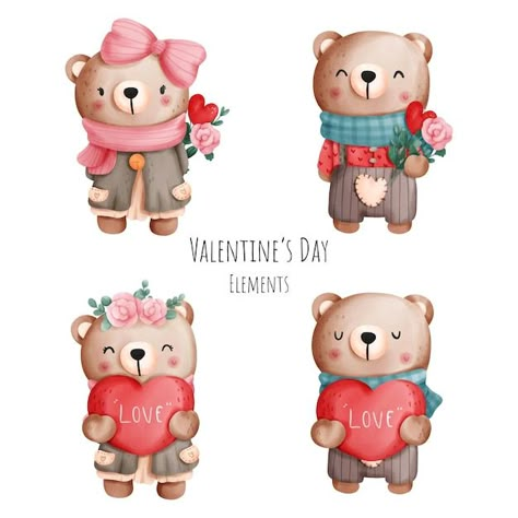 Disney Stickers Printables, Valentine Cartoon, Valentine Bear, Valentine Picture, Bear Watercolor, Valentines Day Clipart, Watercolor Elements, Bear Drawing, Bear Character