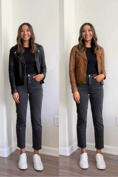 Leather Jacket With Black Jeans, Work Leather Jacket Outfit, Casual Moto Jacket Outfit, Moto Jacket And Dress Outfit, Style Leather Jacket Women, Madewell Leather Jacket Outfit, Black Jeans And Leather Jacket Outfits, Black Moto Jacket Outfit Fall, Casual Outfits With Leather Jacket