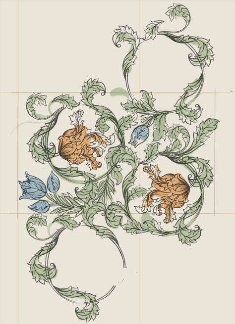 I’d like to introduce my new pattern dedicated to to the art of William Morris, legend of Victorian Britain. This pattern is not a just copy of original iconic artworks, but it is inspired by this amazing style. It is characterised by fancy botanical motifs with intricate flowers and leaves. Floral elements smoothly flow into each other. Art Nouveau Flowers Illustration, Art Nouveau Floral Pattern, Enchanted Flowers, Pattern Sketch, William Morris Patterns, Botanical Flower Art, Art Nouveau Flowers, Victorian Pattern, Art Tutorials Watercolor