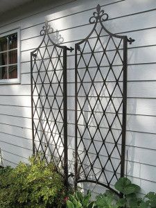 French Trellises by Trellis Art Designs..... Traditional French Trellises are bracketed to wall. The sides are bent vertically to add stiffness and strength. Size: 2′ wide by 8′ tall. T128. Patio Planter Boxes, Gable Wall, Climbing Plant Support, Iron Trellis, Wall Trellis, Metal Trellis, Trellis Ideas, Patio Planters, Plant Supports