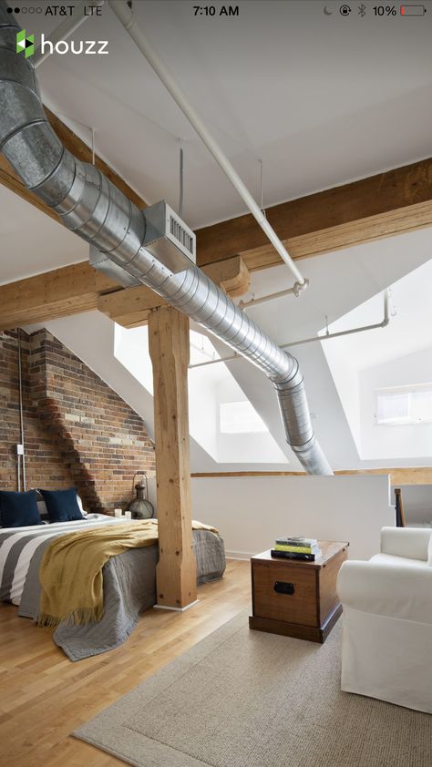 Modern Industrial Bedroom, Brick Wall Bedroom, Industrial Bedroom Design, Loft Inspiration, Industrial Apartment, Loft Bedroom, Loft Industrial, Industrial Bedroom, Industrial Livingroom