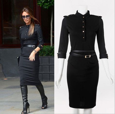 Discount Fashion Office Lady Long Sleeve Military Uniform Slim Dresses Work Dress From China | Dhgate.Com Style Victoria Beckham, Military Style Shirts, Military Style Dress, Black Work Dresses, Inexpensive Fashion, Victoria Beckham Dress, Victoria Beckham Style, China Dress, Quality Dresses