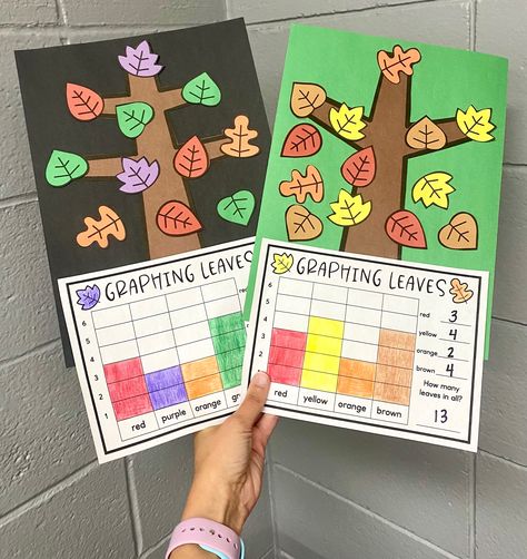 Graphing leaves! Fun fall math craft for the elementary classroom. Awesome bulletin board/hallway display! Fall Graphing Kindergarten, Graphing Ideas For Kindergarten, Leaf Graphing Preschool, Fall Student Work Display, Fall Craft Classroom, Fall Graphing Preschool, Math Bulletin Boards Preschool, Kindergarten Display Board Ideas, Pumpkin Bulletin Boards For Elementary