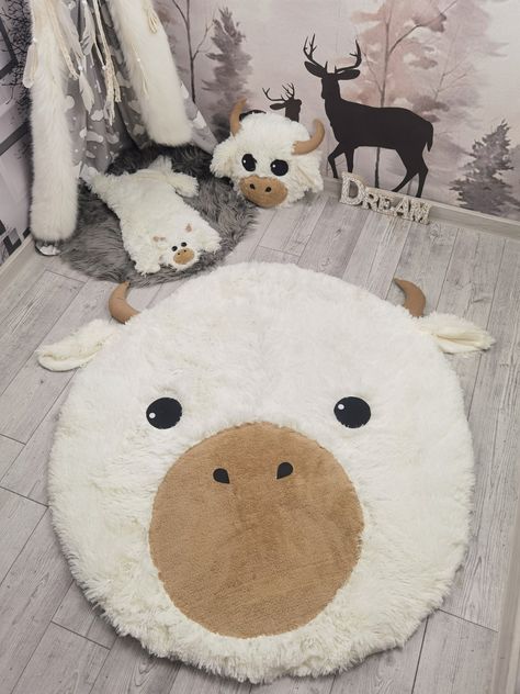 Highland Cow Rug, Highland Cow Nursery, Farmhouse Baby Shower, Playmat Baby, Animal Wall Mount, Cow Rug, Farm Nursery Decor, Cow Nursery, Farm Animals Decor