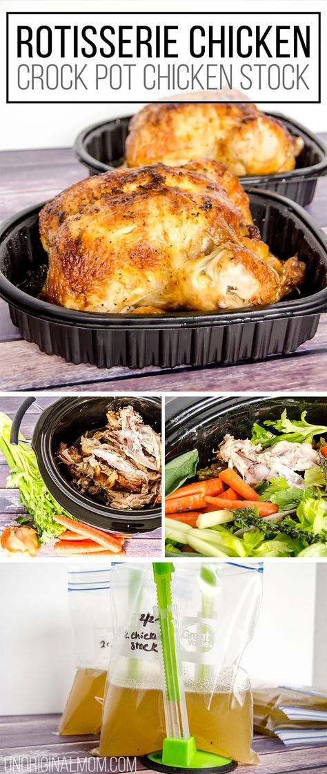 How to make the most delicious chicken stock in your crock pot with a rotisserie chicken - so cheap and easy! | crock pot chicken stock | rotisserie chicken stock | budget friendly meal planning Crockpot Broth, Rotisserie Chicken Stock, Crockpot Rotisserie Chicken, Chicken Crock Pot, Make Chicken Broth, Recipes Using Rotisserie Chicken, Chicken Stock Recipe, Leftover Rotisserie, Stock Recipes