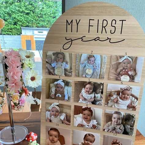 Celebrate and share your baby's first birthday with photos from each month on this beautiful arch-shaped lightweight board.  FEATURES - Printed with My First year (noncustom) or Personalised with your child's name etched at the top (custom) - Area to attach your own photos  - Made from 3mm wood sheet - Large size: 50cm x 33cm - All font is printed in black It makes a lovely addition to first birthday parties. Props are not included. First Year Birthday Decoration Ideas, First Year Birthday Theme, My First Year Board, First Birthday Frame, First Year Board, Milestone Ideas, Milestone Pictures, Baby's First Birthday, One Year Birthday