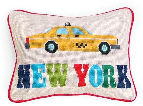 Pin for Later: 19 Affordable Things Every New Yorker Will Want to Own ASAP  Jonathan Adler Jet Set NYC Pillow ($98) Jonathan Adler Pillow, New York Taxi, Yellow Taxi, Yellow Cabs, Needlepoint Pillows, Jonathan Adler, Cotton Velvet, A Pillow, New Yorker