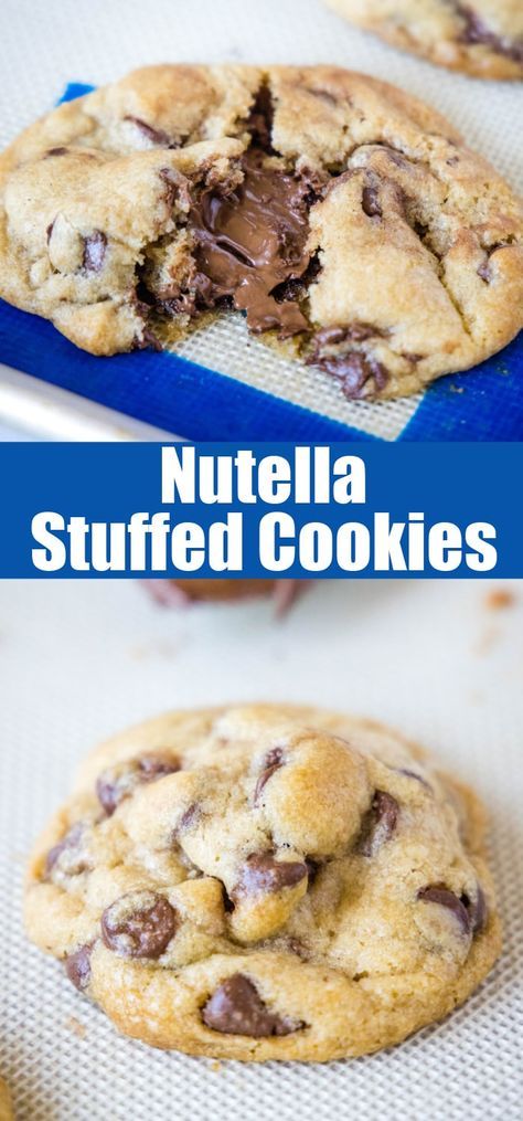 Nutella Stuffed Chocolate Chip Cookies - classic soft and chewy chocolate chip cookies that have a delicious chocolate Nutella center! Chocolate Nutella Cookies, 2 Ingredient Cakes, Nutella Chocolate Chip Cookies, Stuffed Chocolate Chip Cookies, Friends Recipes, Stuffed Cookies, I'm Fat, Best Chocolate Desserts, Nutella Cookies