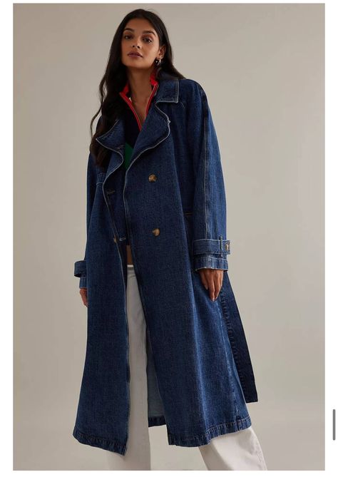 Denim Trench Coat Outfit, Seventy Mochi, Organza Jacket, Mode Mantel, Denim Coat Women, Trench Coat Outfit, Denim Trench Coat, Blue Trench Coat, Anthropologie Uk