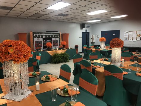 Burnt Orange And Green Table Decor, Orange And Green Wedding Theme, Emerald Green And Burnt Orange Wedding, Emerald Green Wedding Theme, Burnt Orange Decor, 28th Anniversary, Couples African Outfits, Church Altar Decorations, Church Altar