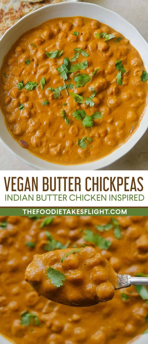 Vegan Butter Chicken Sauce, Butter Chickpeas Vegan, Vegan Butter Chicken Chickpeas, Butter Chickpea Recipe, Lentil Butter Chicken, Indian Butter Chickpeas, Butter Chicken With Chickpeas, Butter Vegetables Indian, Butter Chicken Vegetarian