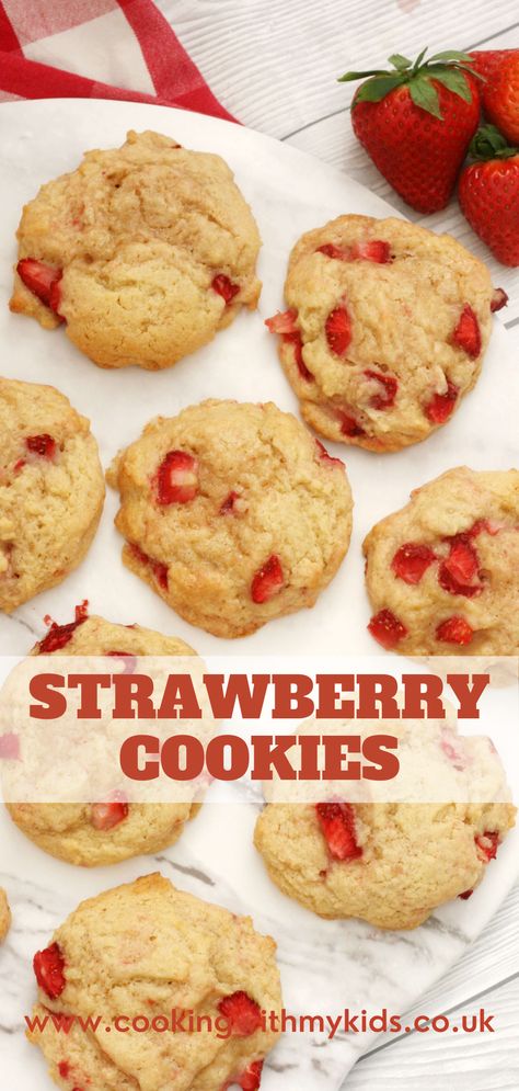 Easy strawberry cookies, made with real, fresh strawberries. These delicious cookies are light and fruity, a great summer bake and they’re so easy they’re perfect for kids and beginner bakers. #strawberry cookies #strawberries #fresh #real #homemade #baking with kids #easy baking #easy recipe 3 Ingredient Strawberry Cookies, Real Strawberry Desserts, Strawberry Toddler Recipe, Easy Strawberry Cookies, Easy Things To Make With Strawberries, Fresh Strawberry Cookies, Strawberry Recipes Easy 3 Ingredients, Strawberry Desserts Easy Quick, Desserts With Fresh Strawberries