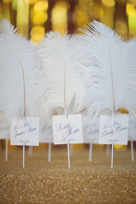 Feather escort cards #Gatsbywedding #weddingideas #goldwedding #reception #escortcard Roaring 20s Wedding, 20s Wedding, Great Gatsby Theme, Gatsby Theme, Great Gatsby Wedding, Feather Wedding, Cards Table, Stationery Inspiration, Gatsby Wedding