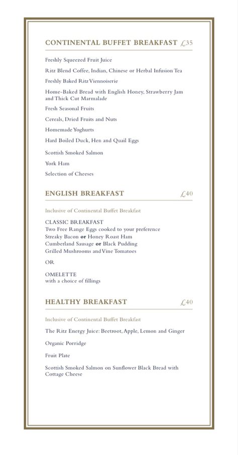 Continental Breakfast Menu, Continental Breakfast Buffet, Honey Roast Ham, Hotel Breakfast Buffet, The Ritz London, Cumberland Sausage, Fruit Cereal, Black Pudding, Hotel Breakfast