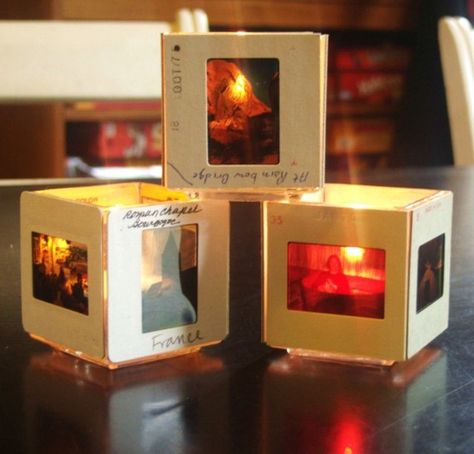 what to do with old picture slides | Denise Cerro Links Photo Slide Crafts, Photo Slides, 35mm Slides Crafts, Photo Lamp Diy, What To Do With Old Photo Slides, Diy Picture Candles, Picture Frame Candle Holder Diy, Upcycle Film Negatives, Photo Slide Lamp Shade