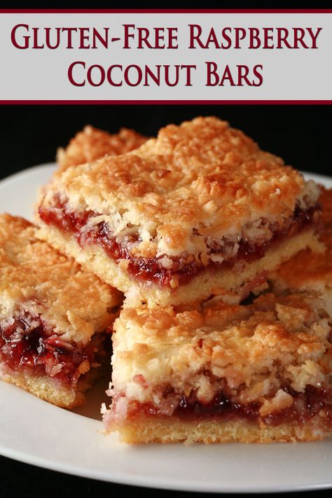 Raspberry Coconut Bars, Glutenfri Baking, Gluten Free Bars, Raspberry Bars, Gluten Free Cake Recipe, Easy Gluten Free Desserts, Raspberry Coconut, Coconut Bars, Gluten Free Sweet