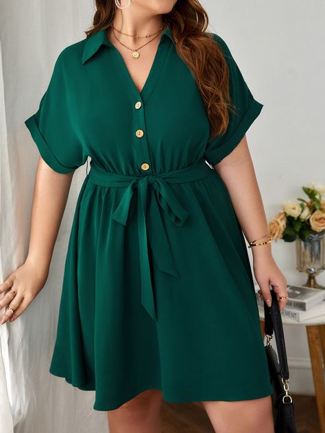 Dark Green Casual Collar Short Sleeve Woven Fabric Plain Shirt Embellished Non-Stretch  Women Plus Clothing Casual Wear For Plus Size Women, Smart Casual Women Plus Size Dresses, Shirt Dress For Plus Size Women, Shirts Gown For Women, Elegant Dresses For Curvy Women, Casual Gown Styles, Casual Dress For Chubby Ladies, Short Green Dress Outfit, Simple Short Dresses Casual