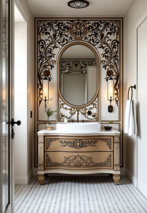 Vintage Modern Bathroom Art Nouveau Bathroom Ideas, Art Nouveau Bathroom, Vintage Modern Bathroom, Parisian Modern, Transitional Art, Bathroom Technology, Contemporary Victorian, Modern Bathroom Ideas, Modern Baroque