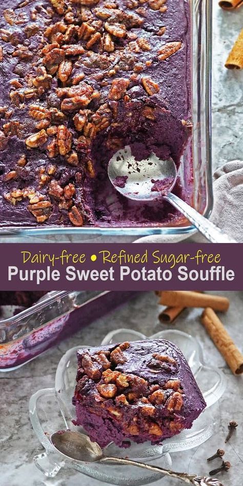 Made with dried cranberries, coconut milk, hints of cinnamon, vanilla, cloves, nutmeg, and cardamom, this Easy Purple Sweet Potato Soufflé with Cranberries is dairy-free and refined sugar-free. Purple Sweet Potato Ice Cream, Mashed Purple Sweet Potatoes, Purple Sweet Potato Cake, How To Cook Purple Sweet Potatoes, Sweet Potato Sweets, Purple Sweet Potato Casserole, Purple Food Recipes, Purple Yam Recipe, Sweet Potato Desserts