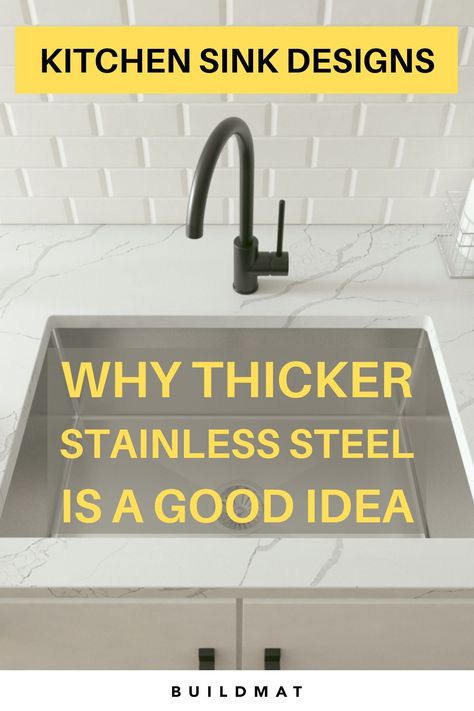 If you're considering replacing your kitchen sink, it's important to consider ones with stainless steel. However, it's even more important to consider kitchen sink ideas with THICKER stainless steel. Regardless of whether you're looking at single bowl or double bowl stainless steel sinks, thicker stainless steels are a good idea. Check out informative blog at Buildmat so you can recognize the difference between punched-in and welded kitchen sinks. Single Bowl Stainless Steel Sink, Types Of Kitchen Sinks Modern, Stainless Steel Sink With Bronze Faucet, Kitchen Sinks And Faucets Undermount, Sink Design Kitchen, Kitchen Cabinet Black, Kitchen Sink Sizes, Kitchen Sink Ideas, Stone Benchtop