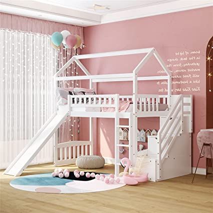 Amazon.com: Loft Bed with Slide, House Loft Beds Twin Size with Step Storage Drawers Stairway Playhouse Bed for Kids Toddlers Girls/Boys, White : Home & Kitchen Storage Steps, House Loft Bed, Loft Bed With Slide, Playhouse Bed, House Bunk Bed, Bunk Bed With Slide, Kids Loft, Loft Bed Frame, Twin Size Loft Bed