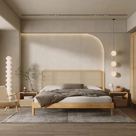 Bali Bedroom Interior, Bedroom Interior Japandi, Japandi Theme Bedroom, Japanese Minimalism Bedroom, Scandi Modern Bedroom, Arch Bedroom Design, Bed Backdrop Design, Corner Bedroom Design, Hotel Bed Design