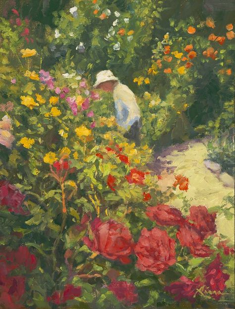 Nanette Biers,  The rose garden at the Marin Art & Garden Center in Ross.  "Inhaling the Fragrance" 12 x 9 Garden Of Roses Painting, Beautiful Garden Painting, Rose Garden Oil Painting, Rose Garden Watercolor, Floral Garden Painting, Flower Garden Oil Painting, Vintage Garden Painting, Pretty Landscapes Painting, Gcse Art Garden Theme