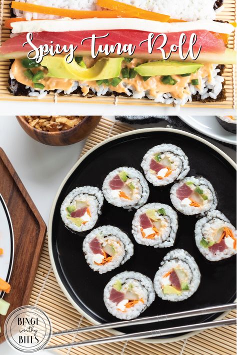 Ahi Tuna Sushi Rolls, Sushi Recipes Tuna, Sushi With Cream Cheese, Tuna Sushi Recipes, Spicy Tuna Roll Recipe, Tuna Roll Sushi, Ahi Tuna Sushi, Tuna Sushi Rolls Recipe, Baked Sushi