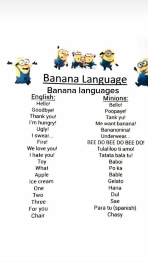 Banana Language, Funny Lock Screen Wallpaper, Minion Jokes, Cat Doodle, Roblox Shirt, Interesting English Words, Funny Minion Quotes, Minion Quotes, Avatar World