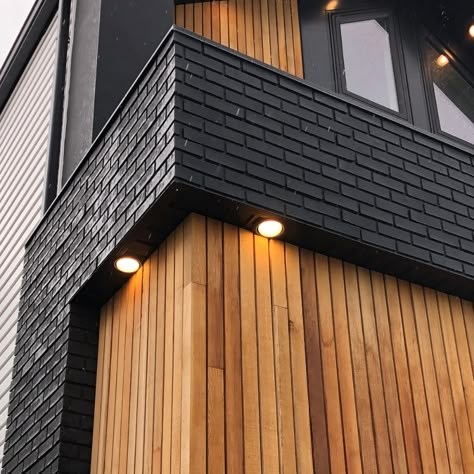 House Exterior Design Brick And Wood, Cedar House Siding Modern, Modern Home Exterior Cladding, Wood Over Brick Exterior, Black Brick And Wood Exterior, Modern House Cladding, Mid Century Modern Brick House, Modern Brick Interior Design, Brick Back Porch Ideas