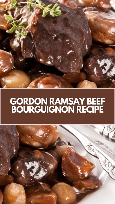 This delicious beef bourguignon is a hearty, comforting meal perfect for cozy nights. Tender beef, rich red wine sauce, and savory bacon come together in this easy recipe. Ideal for using pantry staples, it’s flexible enough for any home cook. Serve with creamy mashed potatoes or crusty bread for the ultimate indulgence! Gordon Ramsay Beef Stew, Gordon Ramsay Recipes, Comfort Soups, Beef Bourguignon Recipe, Savory Bacon, Gordon Ramsay Recipe, Chef Gordon Ramsay, Red Wine Sauce, Comfort Soup