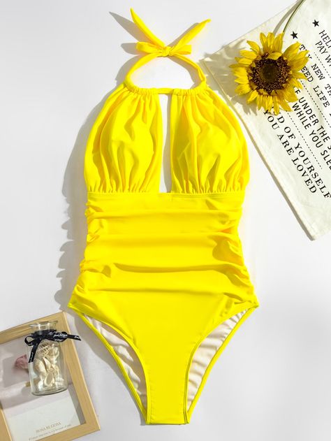 High Neck Swimwear, Prom Dresses Boho, Ruched Swimsuit, Bandeau Tops, Yellow Swimsuits, Set Outfits, Halter One Piece Swimsuit, Swimsuit Dress, Nagano