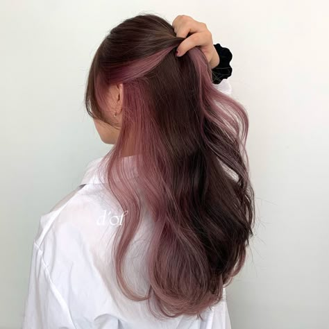 Peekaboo Hair Rose Gold, Colour Underneath Hair Brown, Dusty Rose Peekaboo Hair, Korean Pink Highlights, Brown Hair With Pink Undertones, Pink Hair Peekaboo Brunettes, Dark Brown Color Block Hair, Pink Highlights Underneath Hair, Hidden Light Hair