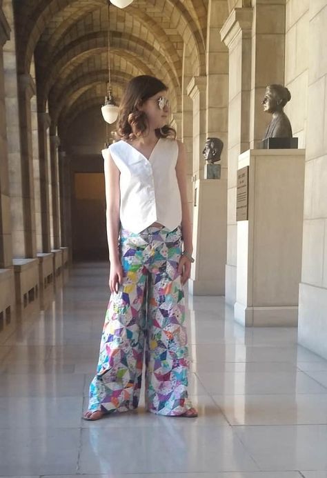 One of a kind quilted wide leg pants. #kaleidoscopequilt #quiltedclothing #tweenclothes Quilted Pants Pattern, Upcycled Quilt Clothes, Quilted Jeans, Patch Work Pants, Quilt Pants, Quilt Clothes, Quilt Coats, Red Pepper Quilts, Quilted Pants