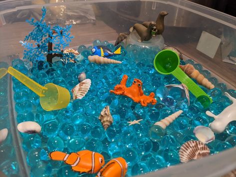 Toddler / Children ocean sensory bin is great for exploring underwater adventures. Easy to create and so fun much to play! Sensory Bins