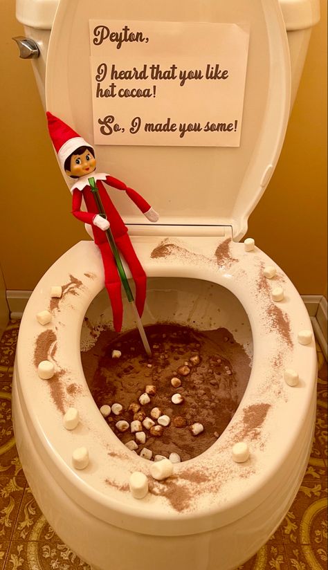 Elf Hot Chocolate Toilet, Elf On The Shelf Hot Chocolate Toilet, Elf On The Shelf With Hot Chocolate, Elf Brings Hot Chocolate, Elf On The Shelf Hot Coco, Hot Coco Elf On The Shelf, Elf On The Shelf Ideas With Coal, Elf On The Shelf Oreo Ideas, Hot Cocoa Elf On The Shelf