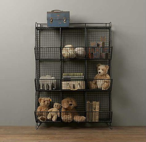 Vintage-industrial vibe storage | 10 Super Stylish Storage Ideas for Kids Rooms - Tinyme Blog Stylish Toy Storage, Wire Bins, Restoration Hardware Baby, Vintage Industrial Decor, Cubby Storage, Wire Storage, Industrial Storage, Kids Room Organization, Stuffed Animal Storage