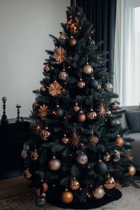 25 Black Christmas Tree Decorations: Stylish Ideas To Try Modern Christmas Trees Ideas, Best Black Christmas Tree, Black Christmas Tree Ornaments Ideas, Black Christmas Tree Inspiration, Modern Black And Gold Christmas Decor, Christmas Black Decorations, Black Christmas Tree With Gold Ornaments, Black And Beige Christmas Tree Decor, All Black Christmas Tree Decor