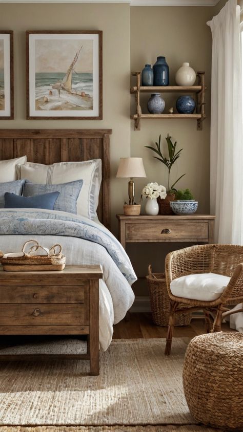 Dreamy Coastal Bedroom Ideas for a Serene Retreat Coastal Decor With Dark Wood Furniture, Light Blue Guest Room, Costal Grandma Bedroom Aesthetic, Beach House Aesthetic Bedroom, Bedroom Inspirations Coastal, Coastal Granddaughter Decor, Southern Bedroom Ideas, Cozy Coastal Bedroom, Seaside Bedroom