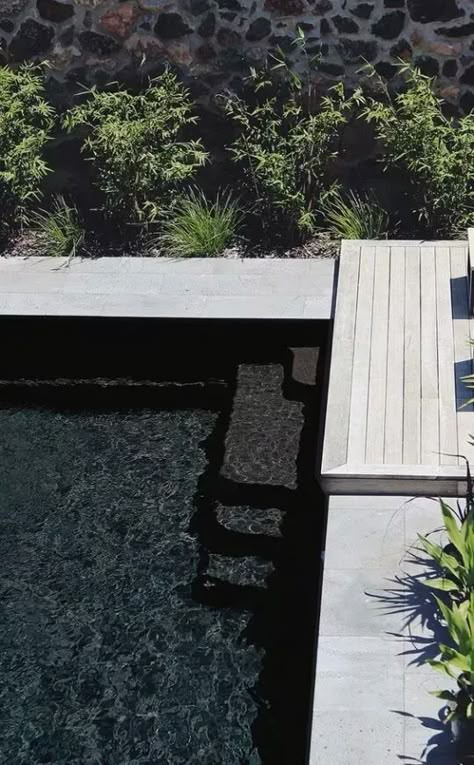 Everything You Need to Know Before Building a Pool in Your Backyard Dark Pool Aesthetic, Kardashian Pool, Dark Bottom Pool, Black And White Pool, Black Bottom Pools, Pool Colours, Pool Layout, Grey Pool, Pebble Tec Pool