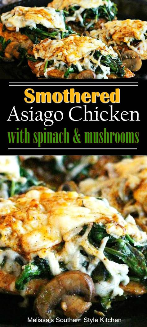 Chicken With Spinach And Mushrooms, Asiago Chicken, Chicken With Spinach, Spinach And Mushrooms, Chicken Entrees, Pinterest Page, Chicken Main Dishes, Spinach Stuffed Mushrooms, Asiago