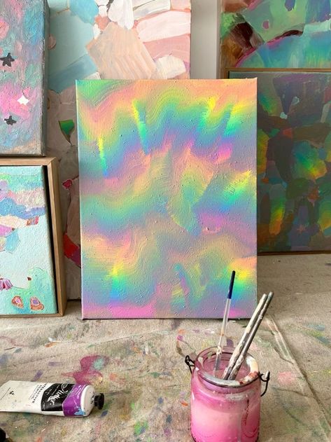 How To Paint Iridescent Effect, Holographic Painting Art, Iridescent Tutorial Drawing, Gen Z Painting, Diy Holographic Decor, Iridescent Acrylic Painting, Messy Canvas Painting, Sparkly Painting, Opal Painting