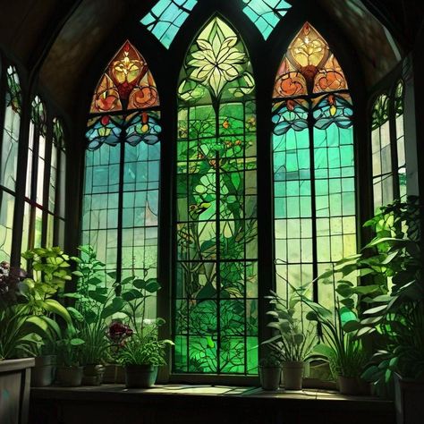 Aesthetic Stained Glass Window, Glass Blowing Studio, Giant Stained Glass Window, Tangled Design, Green Stained Glass Aesthetic, Green Stained Glass Window, Stained Glass House, Landscape Stained Glass Window, Wisteria Stained Glass Window