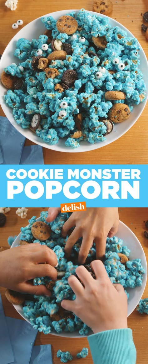 Cookie Monster Popcorn Recipe, Teal Colored Food Ideas, Cookie Monster Snack Ideas, Blue Packaged Snacks, How To Make Blue Popcorn, Cookie Monster Snacks, Blue Party Food Snacks, Monster Snacks For Kids, Blue Food For Color Party