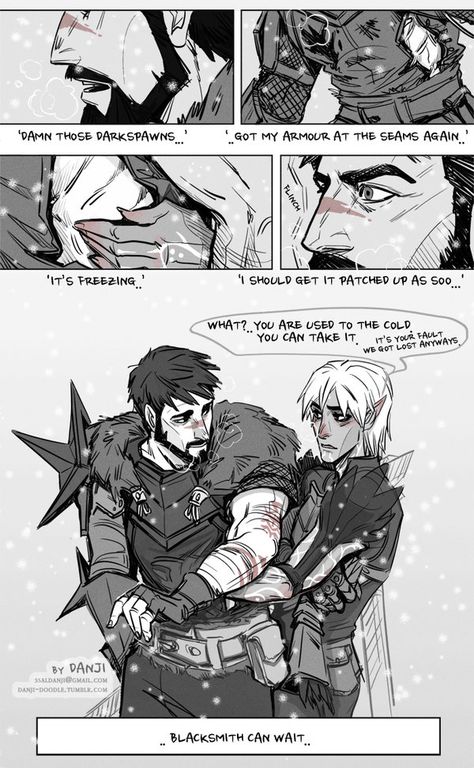 Hawke and Fenris -cold by DanjiDoodle.deviantart.com on @DeviantArt Da2 Fenris, Male Hawke, Dragon Age Hawke, Dragon Age Comics, Da Inquisition, Hawke Dragon Age, Dragon Age Romance, Dragon Age Characters, Dragon Age 3