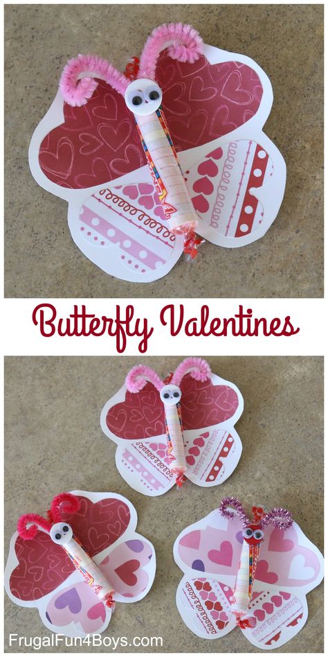 Adorable Butterfly Valentines to Make - fun Valentine craft for kids.  Use Smarties candy for the butterfly's body. Valentines Butterfly, Valentines Prints, Butterfly Valentine, Smarties Candy, Catholic Kids Crafts, Valentines Ideas For Him, Valentine Card Crafts, Valentines Bricolage, Valentines Day Cards Handmade