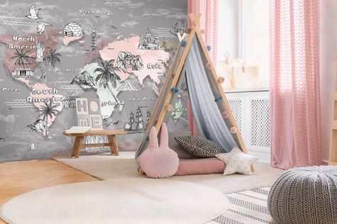 Kids Map Wallpaper for Girls Room World Map Famous Landmarks Wall Mural for Nursery Palm Tree Wall P Wallpaper For Girls Room, Continent Map, Tree Wallpaper Mural, Girls Room Wallpaper, Map Wall Mural, Kids World Map, Living Room Themes, Maps For Kids, Nursery Mural